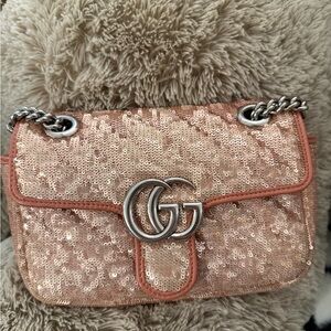 Gucci Sequin Peach Shoulder Bag GG Marmont 22cm